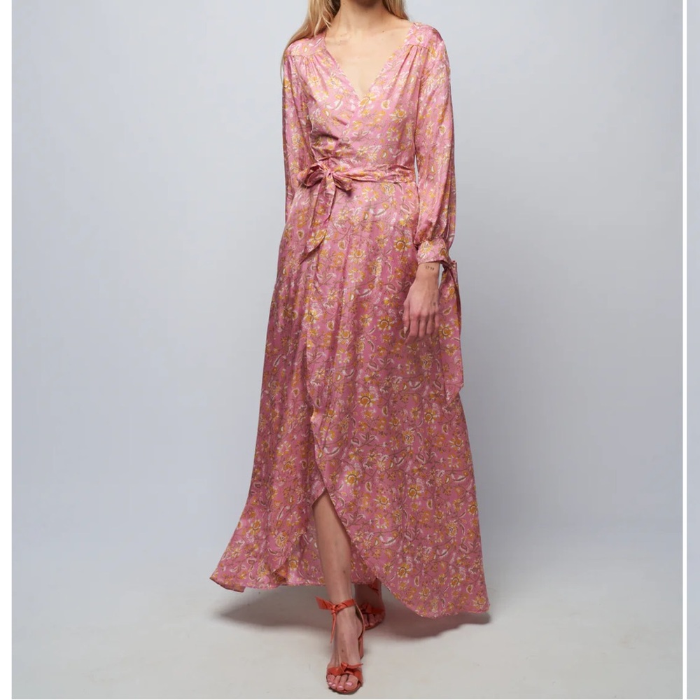 HANNAH ARTWEAR Luna Floral Silk Tie Cuff Maxi Wrap Dress in Sunrose Luxury